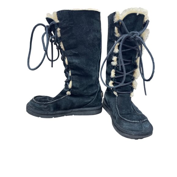 Ugg womans Black leather sheepskin lined Midcalf Winter Boots Sz 6 SKU 9533 - Picture 2 of 16